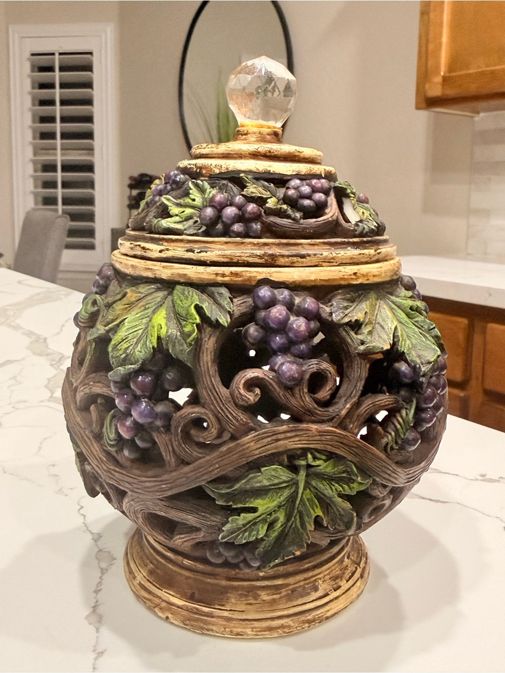 Tuscan Grapevine Cutout Ginger Jar Urn with Crystal Finial Lid